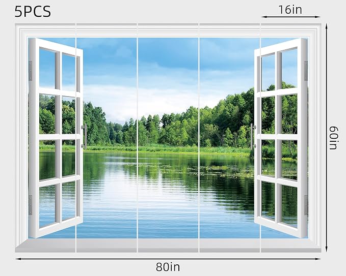 FLFK Fake Window Wall Sticker, Lake Forest Nature View Peel and Stick Mural, White Frame, Self-Adhesive Removable Decal, 80 x 60 Inches, Easy Peel and Stick, for Home, Office, Bedroom Decor - Image 2