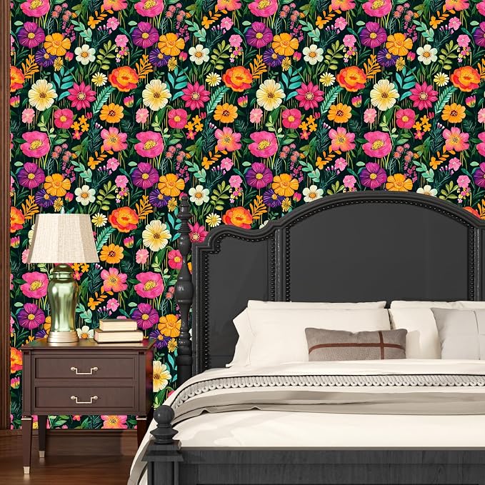 BOKEBEVE Floral Wallpaper Peel and Stick Boho Green Colorful 17.5 x 787In | Super Long Removable Renter Friendly Funky Watercolor Wall Paper for Bedroom Bathroom Living Room Feature Accent Walls - Image 4