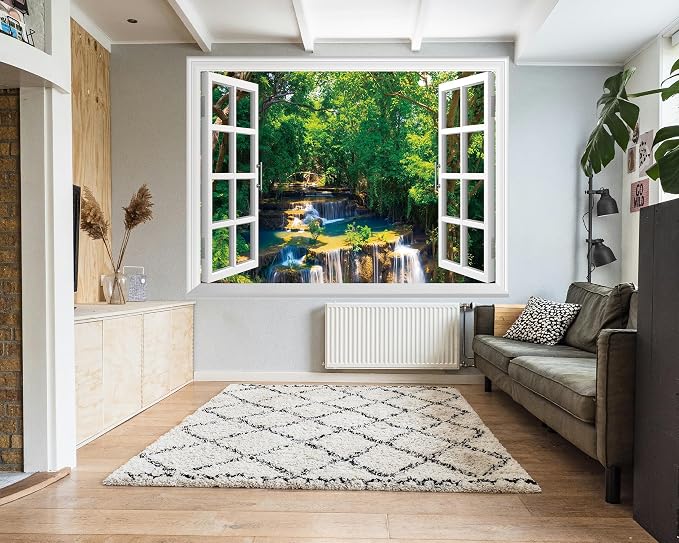 FLFK Fake Window Wall Mural - Jungle Waterfall Faux Window Wall Decal for Wall Decor, Peel and Stick Wall Sticker,80"x60",Set of 5 Sheets - Image 3