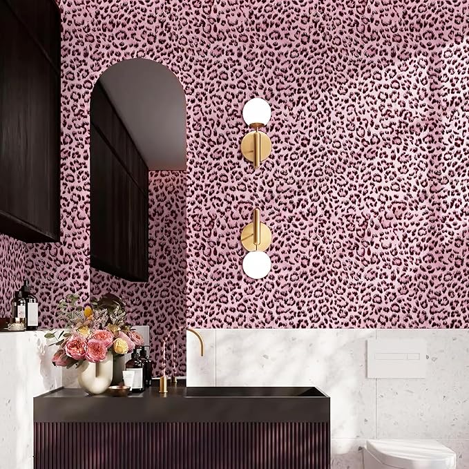 Leopard Print Peel and Stick Wallpaper, Waterproof Removable Self Adhesive Textured Wall Paper, Black and Pink Unique Funky Cheetah Contact Paper for Bedroom and Bathroom 120"X17.3"(14.4 sq. ft) - Image 5