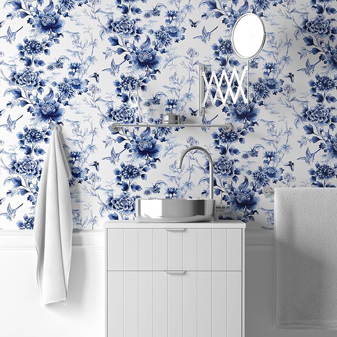 RUSPEPA Peel and Stick Wallpaper - Blue Flower White Design Self Adhesive Removable Wallpaper Decorative Waterproof Contact Paper for Cabinets, Walls - 17.3 Inch x 3.28 Feet - Image 2
