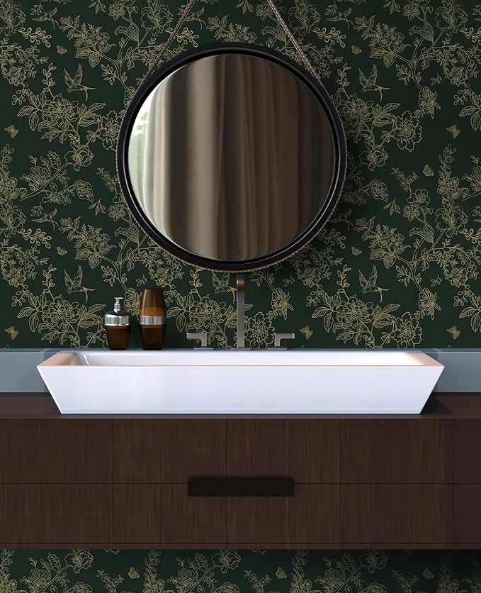 Froluya Green and Gold Peel and Stick Wallpaper for Bathroom 17.7in×393.7in | Dark Green Floral Wallpaper Vintage Contact Paper Peel and Stick Flowers Birds Removable Self Adhesive Cabinets Wall Paper - Image 2