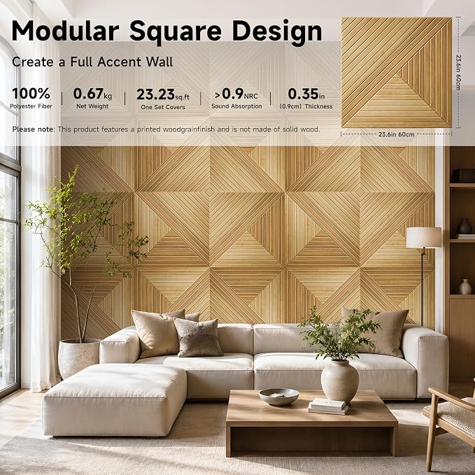 Acoustic Wall Panels 20 Pack 11.8"x11.8", Peel and Stick High-Density Polyester Fiber Decorative Soundproofing for Home Studio Office Interior Wall Décor, Oak - Image 3