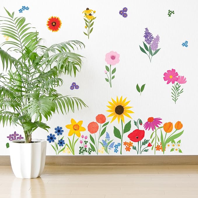 Wildflower Wall Decals - Set of 33 Vinyl Flower Room Decor Peel and Stick Removable Floral Stickers for Nursery Bedroom Bathroom by WallPalz