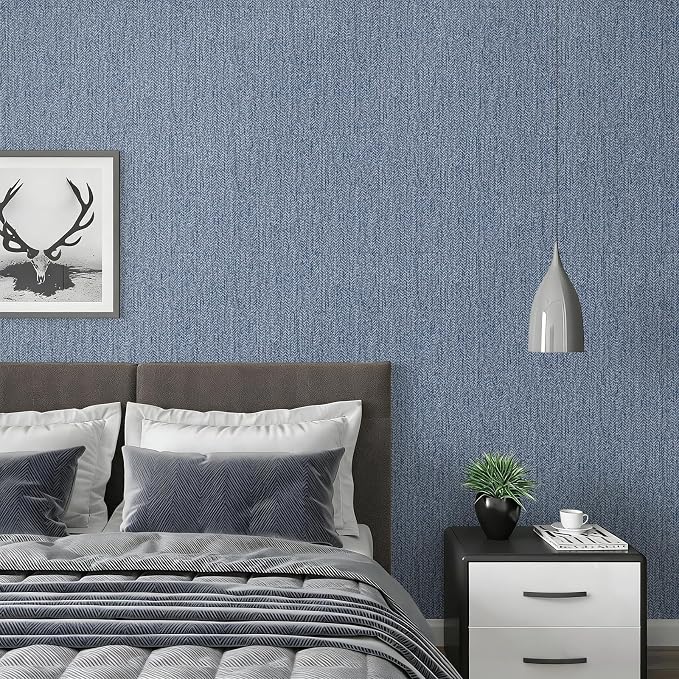Grasscloth Peel and Stick Wallpaper Blue Contact Paper 16in x 393in | Faux Linen Vintage Wallpaper Textured Removable Wall Paper Grass Cloth Cabinets Bedroom for Cabinet Self Adhesive Vinyl - Image 3