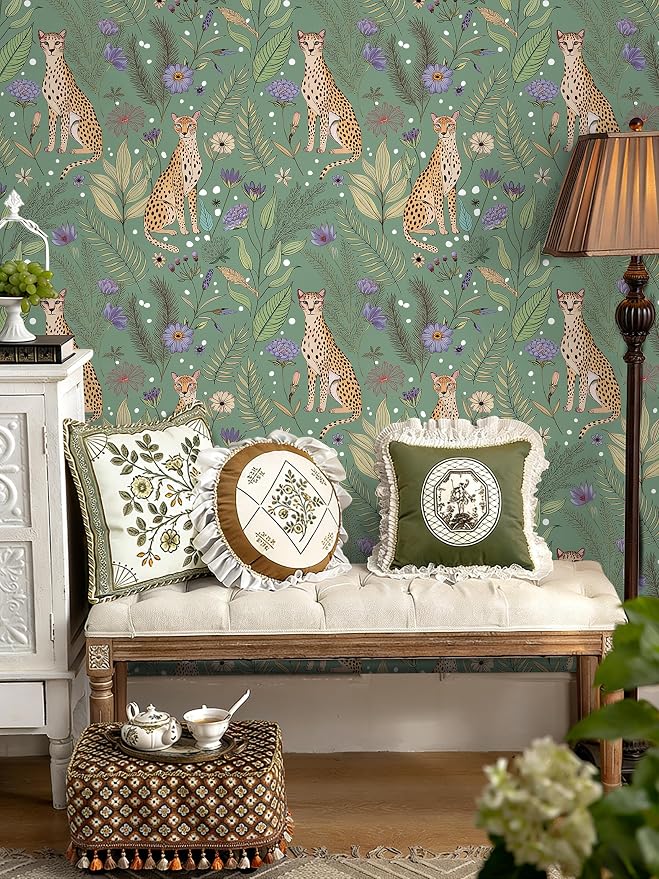 Floralplus Cheetah Peel and Stick Wallpaper Sage Green Wallpaper | Renter Friendly Wallpapers for Bathroom Jungle Leopard Textured Removable Contact Paper for Kitchen Bedroom 17.5 x 118 in - Image 6