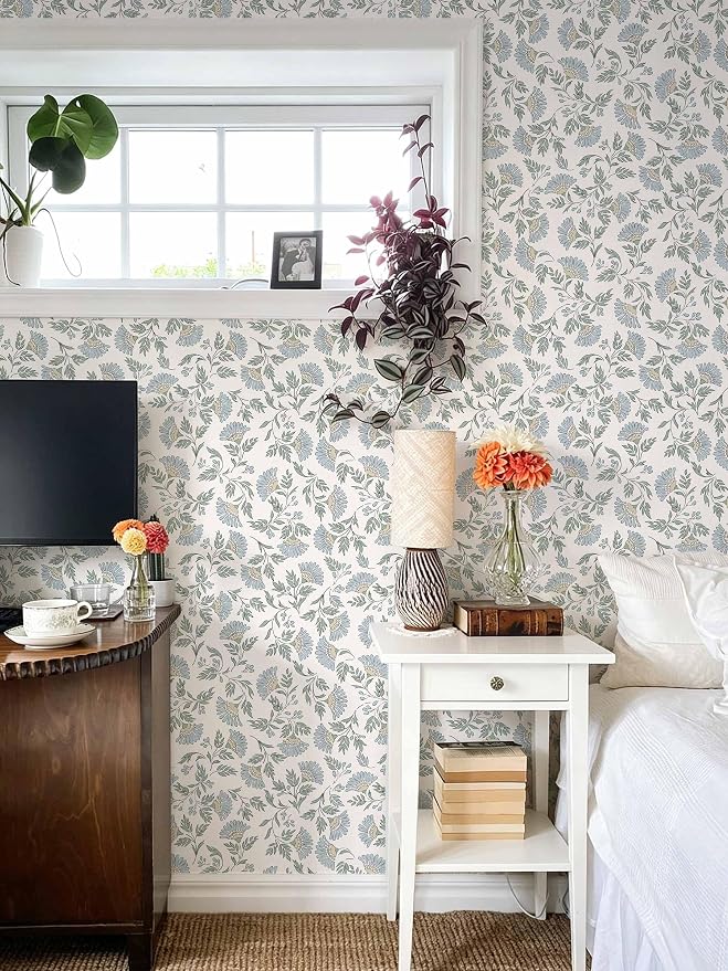 Floral Peel and Stick Wallpaper Blue Contact Paper Morden Cottage 197×17.3" | Grandma Chic Cute Wallpaper Small Flower Renter Friendly Removable Boho White Wall Paper for Bathroom Bedroom Vinyl - Image 3