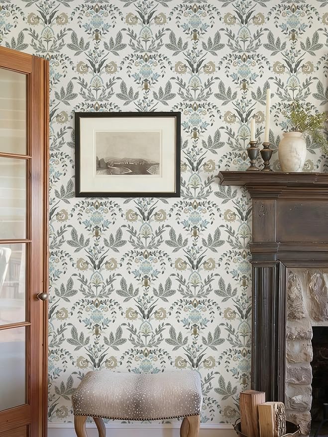 Dimoon Vintage Peel and Stick Wallpaper Boho Floral Leaf Contact Paper 78.7''x17.3'' Beige Grey Botanical Cottage Core Wallpaper Renter Friendly Damask Wall Paper for Bedroom Bathroom Decor Vinyl - Image 3