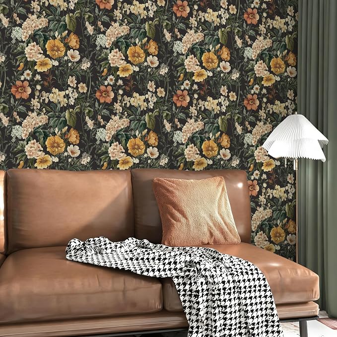 Livebor Black Floral Peel and Stick Wallpaper Flower Wallpaper16.9 x118.1 | Vintage Floral Contact Paper Boho Self Adhesive Botanical Wall Paper for Kitchen Waterproof Cabinets Decorative Vinyl - Image 5