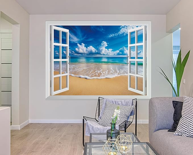 FLFK Fake Window Wall Mural - Ocean Beach Faux Window Wall Decal for Wall Decor, Peel and Stick Wall Sticker,80"x60",Set of 5 Sheets - Image 3