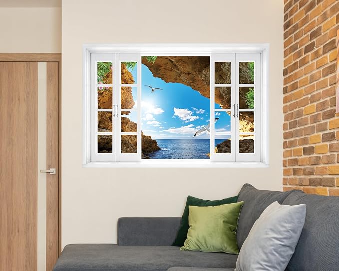 FLFK Fake Window Wall Mural - Seascape with Seagulls View Peel and Stick Decal, 48 x 32 inches, Set of 2 Sheets - Image 4