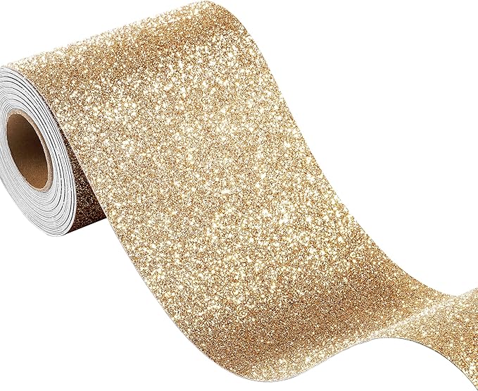 FunStick Champagne Gold Glitter Wallpaper Border Peel and Stick Removable Wall Border Trim Self Adhesive Gold Wallpaper Borders for Bedroom Bulletin Board Sparkle Glitter Contact Paper Decor 3.9"x200" by FunStick