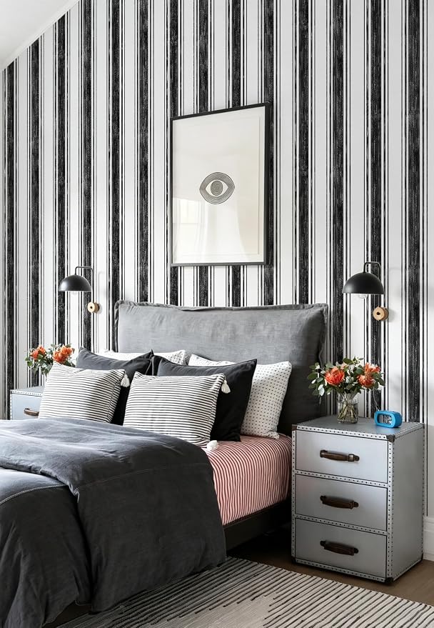 Safiyya Black and White Wallpaper Peel and Stick Hand-Painted Striped Contact Paper Modern Wall Paper Vinyl Self Adhesive Removable Wallpaper for Bedroom and Bathroom Kitchen 17.3"×78.7" - Image 5
