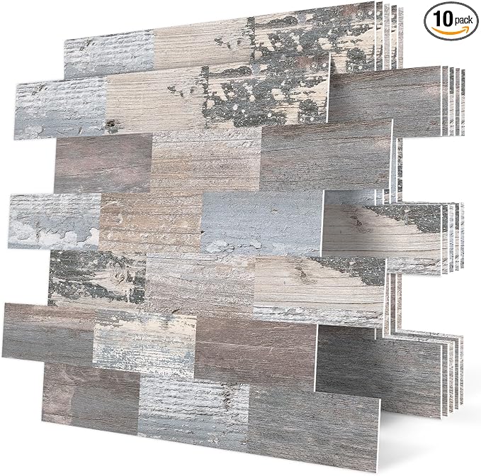 DEWOO Peel and Stick Wall Tile Kitchen Backsplash Self Adhesive 10 Sheet | PVC,Rustic,Faux Wood like,Country,Farmhouse,13.5" x 11.4" by DEWOO