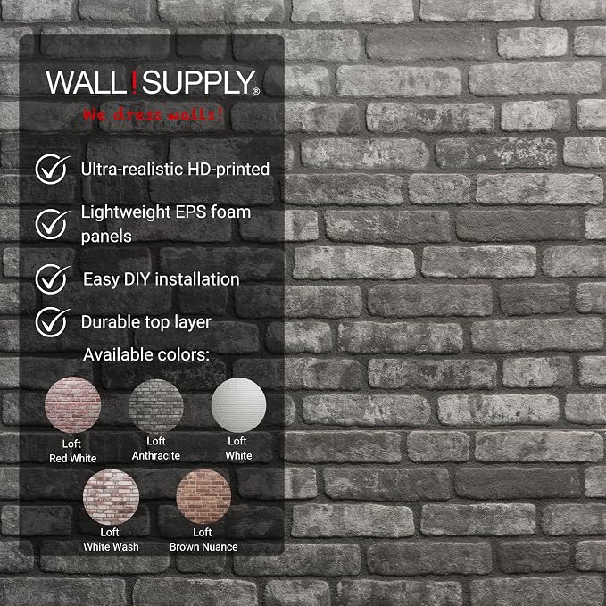 Wall!Supply 3D Wall Panels – Faux Brick, Anthracite Gray Weathered – Lightweight Foam (EPS) – Wallpaper Alternative – Easy DIY Installation – 4 Pack, Covers 25.84 Sq Ft | Lightweight EPS Foam, Wallpaper Alternative, Easy DIY Installation, Covers 25.84 ... - Image 3