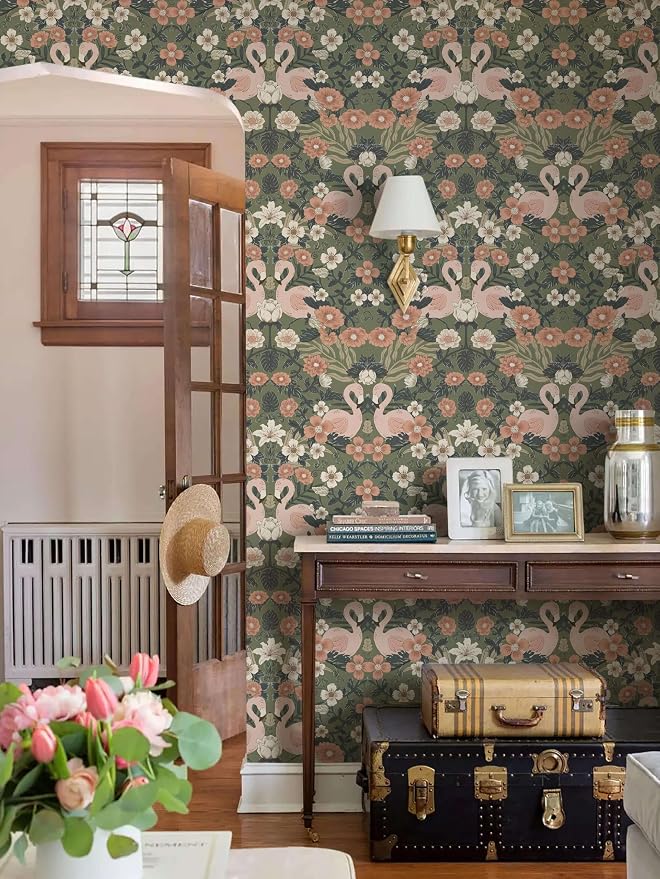 Heroad Vintage Peel and Stick Wallpaper 17.3''X 385'' Floral Flamingo Contact Paper Sage Green William Morris Wall Paper Removable Renter Friendly Wallpaper for Bedroom Nursery Farmhouse Vinyl Rolls - Image 4