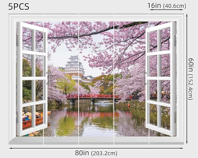 FLFK Fake Window Wall Mural - Cherry Blossom Faux Window Wall Decal for Wall Decor, Peel and Stick Wall Sticker,80"x60",Set of 5 Sheets - Image 2