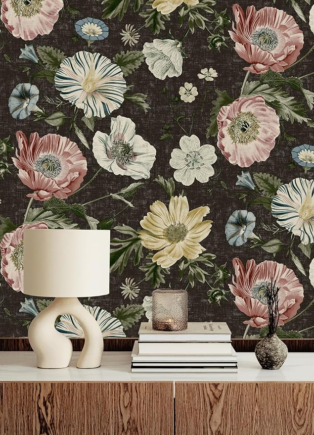 Vintage Poppy Black Peel and Stick Wallpaper by RoomMates, RMK12810PL - Image 2