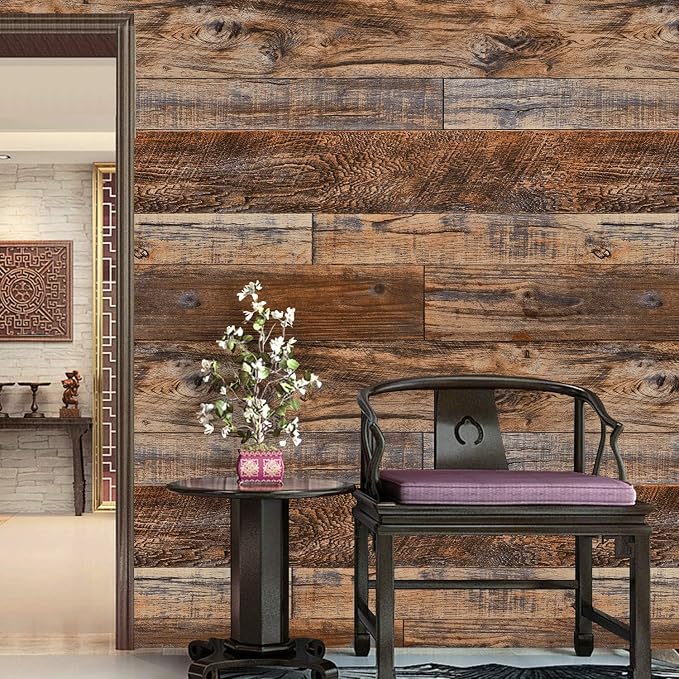 WENMER 23.6" x 394" Brown Wood Peel and Stick Wallpaper Shiplap Self Adhesive Wall Paper Wood Plank Wallpaper for Cabinet Countertop Shelf Drawer Wall Door - Image 2