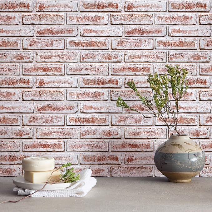 3D Faux Brick Wall Panels Peel and Stick, Designed for Quick DIY | White with Red, 10 Pcs 15.7" x 11.8", Brick-Look, Light PVC Fake Brick Covering Tiles for Wall Renovation, Cover 12.9 sq ft - Image 2
