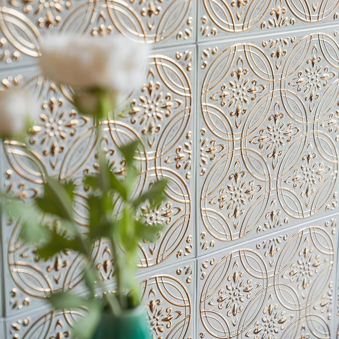 Peel and Stick Metal Tiles, Pastel Painted Gold, 10-Pack | 8 x 8 in tile size; Covers up to 4.44 sq ft; Aluminum; Water-resistant surface; For kitchens, ceilings, DIY projects - Image 3