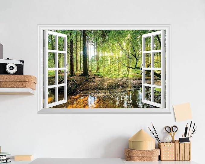FLFK Fake Window Wall Sticker - Forest Jungle Faux Window Wall Mural for Wall Decor, Stick and Peel Wall Decals,24"x16" - Image 6