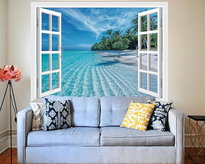 FLFK Fake Window Wall Mural - Summer Beach Faux Window Wall Decal for Wall Decor, Peel and Stick Wall Sticker,80"x60",Set of 5 Sheets - Image 3