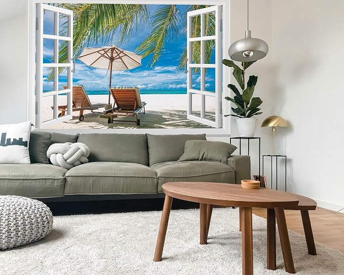 FLFK Fake Window Wall Mural - Ocean Beach Faux Window Wall Decal for Wall Decor, Peel and Stick Wall Sticker,80"x60",Set of 5 Sheets - Image 5