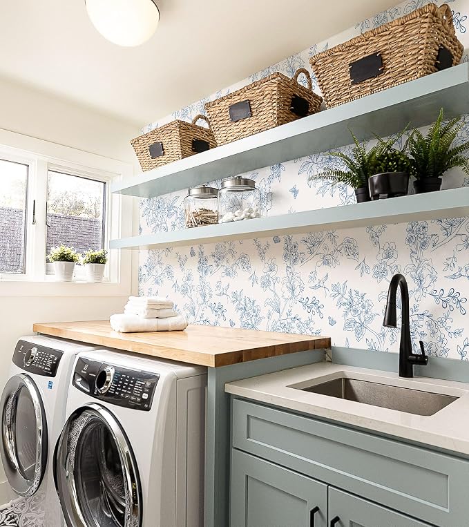 Froluya Cream White and Blue Peel and Stick Wallpaper Floral Contact Paper | 17.7in×118.1in Blue Floral Wallpaper Peel and Stick Vintage Flower Bird Self Adhesive Removable Wall Paper for Bathroom Vinyl - Image 3