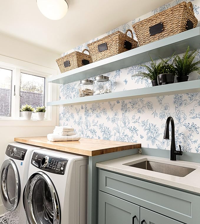 Froluya Cream White and Blue Peel and Stick Wallpaper Floral Contact Paper | 17.7in×196.8in Blue Floral Wallpaper Peel and Stick Vintage Flower Bird Self Adhesive Removable Wall Paper for Bathroom Vinyl - Image 6