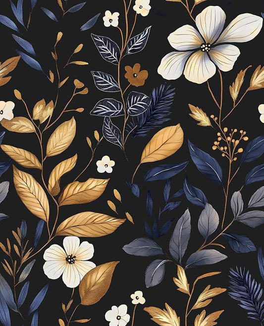 Laatse Vintage Dark Blue Gold Floral Peel and Stick Wallpaper 17.5"x118" | Self Adhesive/Removable/Waterproof/Thick Vinyl Contact Paper for Bathroom Bedroom Shelf Cabinet Drawer,Prepasted,Easy Peel by Laatse