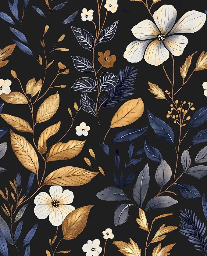 Laatse Vintage Dark Blue Gold Floral Peel and Stick Wallpaper 17.5"x393" | Self Adhesive/Removable/Waterproof/Thick Vinyl Contact Paper for Bathroom Bedroom Shelf Cabinet Drawer,Prepasted,Easy Peel by Laatse