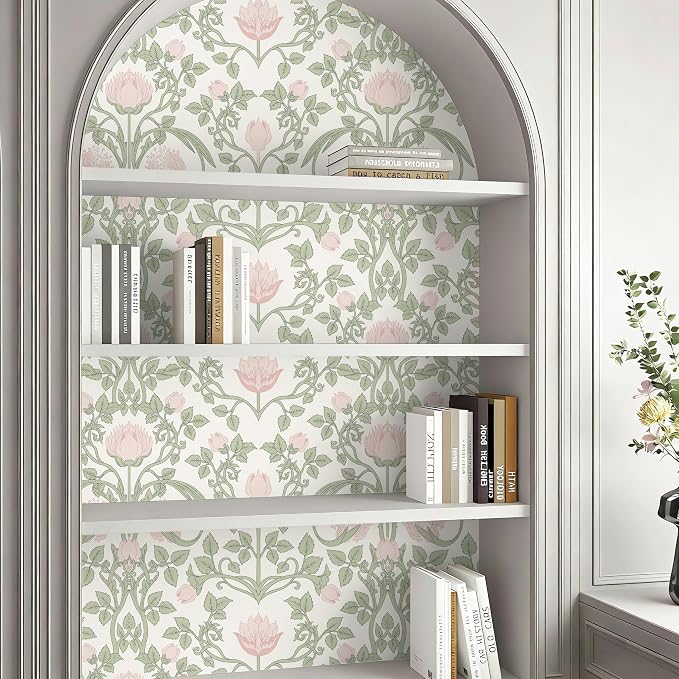 YXTII Floral Wallpaper Peel and Stick - 393.7" × 17.3" Pink and Green Wallpaper for Bedroom Decorative Self Adhesive Shelf Drawer Liner - Image 4