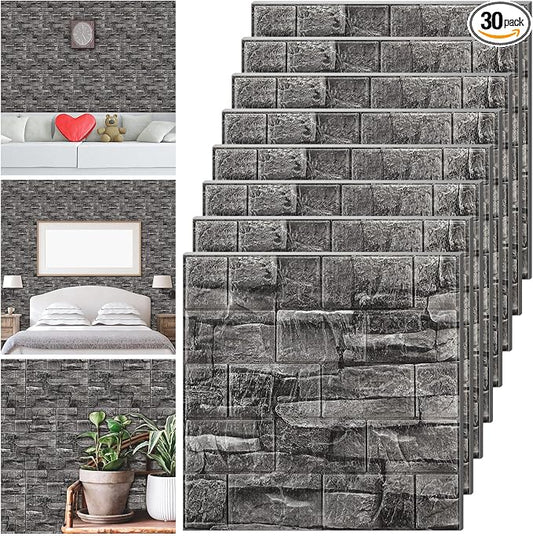 Tinlade 30 Pcs 3D Wall Panels Peel and Stick Wallpaper Foam, Grey Stone | Faux Brick Stone Tiles, Covering 28.8-48.4 Sq ft, Self Adhesive Waterproof Panels for Bedroom Living Room Kitchen Walls by Tinlade