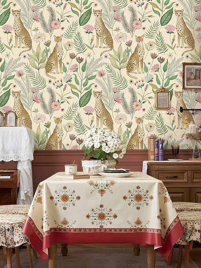 Floralplus Wallpaper Peel and Stick Removable Floral Cheetah Wallpaper Tropical Animal Jungle Leopard Wallpapers for Bedroom Boho Renter Friendly Self Adhesive Contact Paper 17.5 x 393 in - Image 8