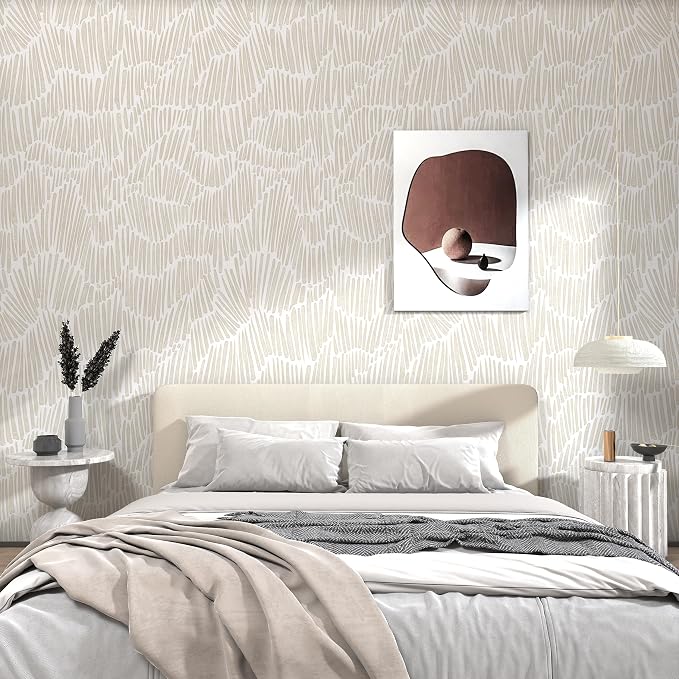 Theper Beige Peel and Stick Wallpaper Modern Contact Paper 17.3"×787" | Boho Removable Self Adhesive Wallpaper for Bedroom Waterproof White and Gold Striped Wall Paper for Home Vinyl - Image 4