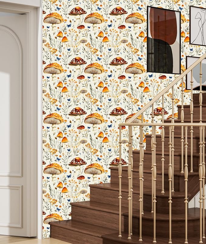 BOKEBEVE Mushoroom Wallpaper Peel and Stick Boho Beige Yellow 17.5 x 118In | Removable Self Adhesive Renter Friendly Vintage Floral Wall Paper for Bedroom Bathroom Cabinet Drawer Feature Accent Wall - Image 5