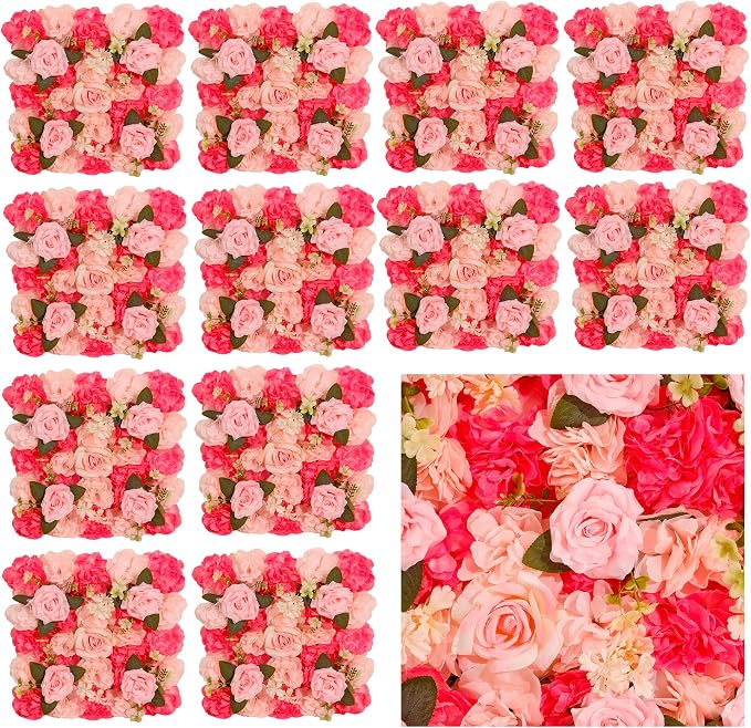 Flower Wall Backdrop 12 Panels 16.5x16.5 Inch Dark & Light Pink | 3D design, realistic look, Seamless Design,eco-friendly,easy to assemble,reusable,.Suitable for weddings,Party,home décor by BloomTrend