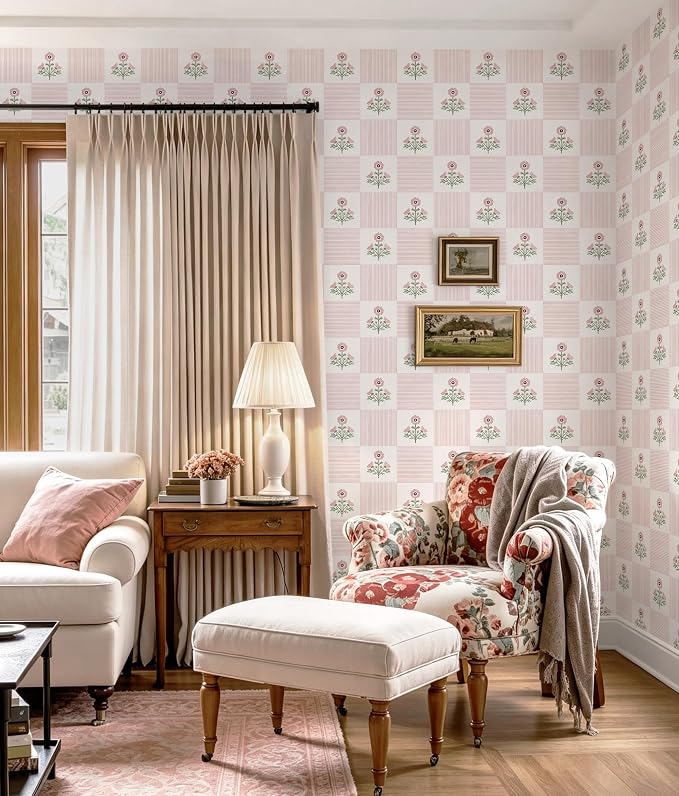 Guvana Pink Floral Peel and Stick Wallpaper Vintage Floral Wallpaper Boho Wall Paper Removable Modern Contact Paper Vinyl Self Adhesive for Bedroom Bathroom Kitchen Livingroom Covering 17.3" x 78.7" - Image 9