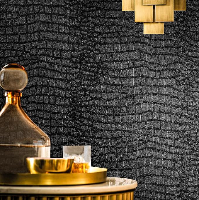 Fititem Black Peel and Stick Wallpaper Crocodile Texture Modern 472”×17.3” | Black Wallpaper for Bedroom Bathroom Waterproof Removable Self Adhesive Wallpaper 3D Embossed Faux Leather Contact Paper Dark by Fititem__FitYourHome
