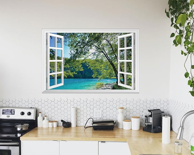 FLFK Fake Window Wall Mural - Lakes in The Jungle Faux Window Wall Sticker for Wall Decor, Stick and Peel Wall Decals,48"x32",Set of 2 Sheets - Image 5