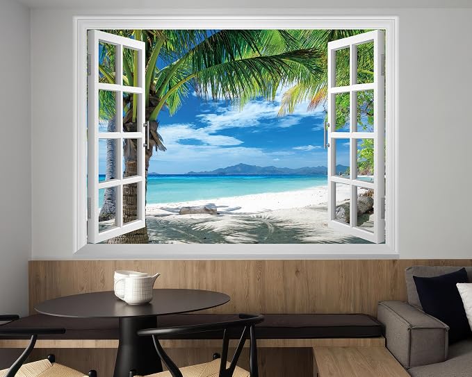 FLFK Fake Window Wall Mural - Beach Palm Trees Faux Window Wall Sticker for Wall Decor, Stick and Peel Wall Decals,80"x60",Set of 5 Sheets - Image 3
