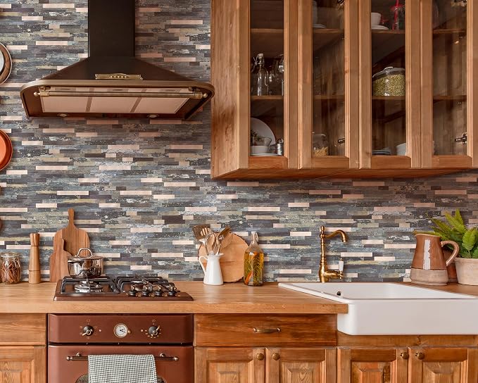 Yipscazo 10 Sheets Peel and Stick Wood Metal Tile Backsplash, Stick on Tiles for Backsplash Kitchen, Bathroom, Laundry Room, Camper, Fireplace (12'' X 12'', Mix Rustic with Gold) - Image 3
