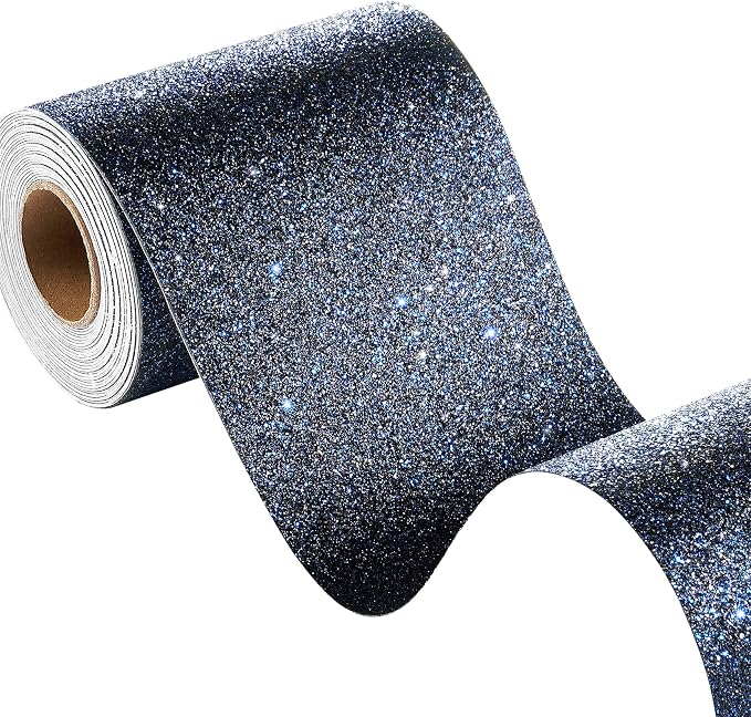 FunStick Galaxy Blue Black Glitter Wallpaper Border Peel and Stick Wall Border Self Adhesive Sparkle Black Wallpaper Decorative for Bedroom Bathroom Mirror Border Trim Glitter Contact Paper 3.9"x200" by FunStick