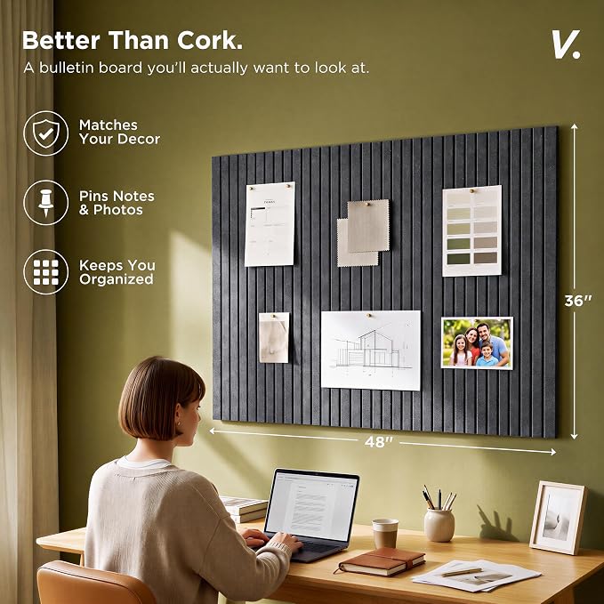 VIVELDA Large Felt Bulletin Board 48 x 36 Inch - 12-Pack Square Acoustic Wall Panels, Cork Board Alternative, NRC 0.95, Damage-Free Adhesive, Slatted Design for Home, Classroom (Moonstone) - Image 2