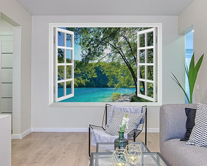 FLFK Fake Window Wall Mural - Lakes in The Jungle Faux Window Wall Sticker for Wall Decor, Stick and Peel Wall Decals,80"x60",Set of 5 Sheets - Image 5