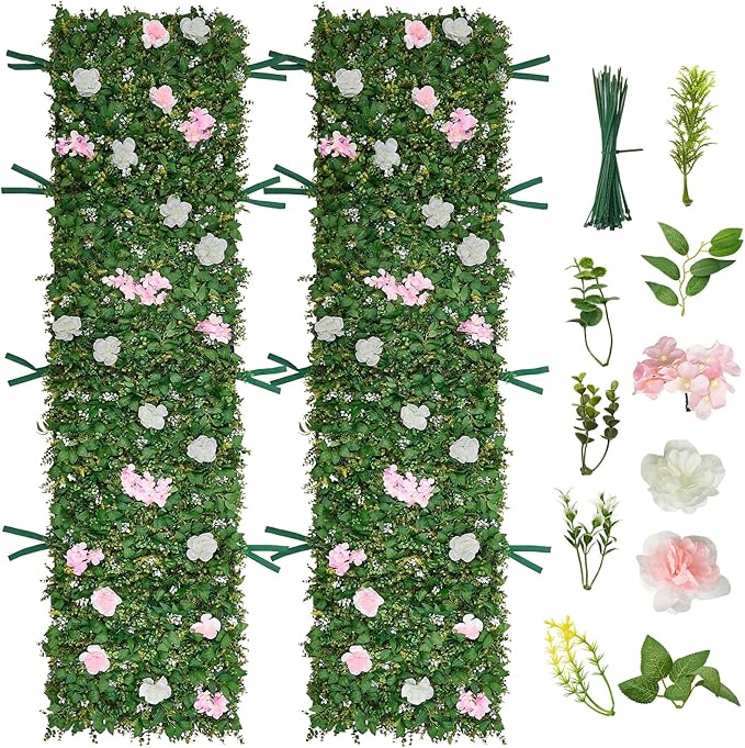 VEVOR Artificial Luxury‌ Flower Wall Backdrop, 2 PCS, Each Panel 2 x 8 ft, Gorgeous 3D Silk Floral Backdrop Pet Friendly, Easy Installation Flower Wall Panel for Wedding, Event, Party,Mixed Leaf by VEVOR