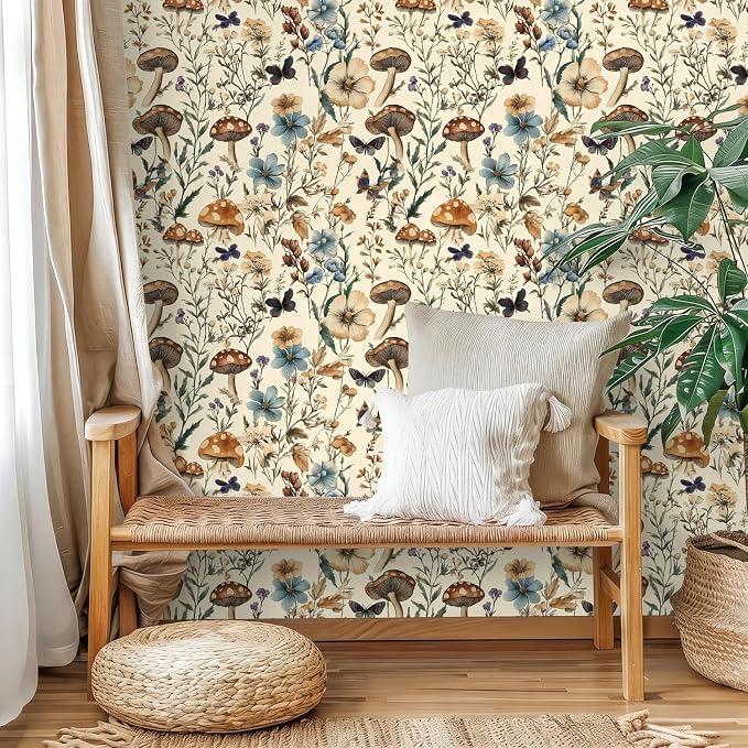Froluya Mushroom Wallpaper Peel and Stick Vintage Floral 16.9" x 393.7" | Boho Floral Contact Paper Peel and Stick Mushroom Forest Self Adhesive Removable Wall Paper for Bathroom Cabinets Liner Vinyl - Image 2