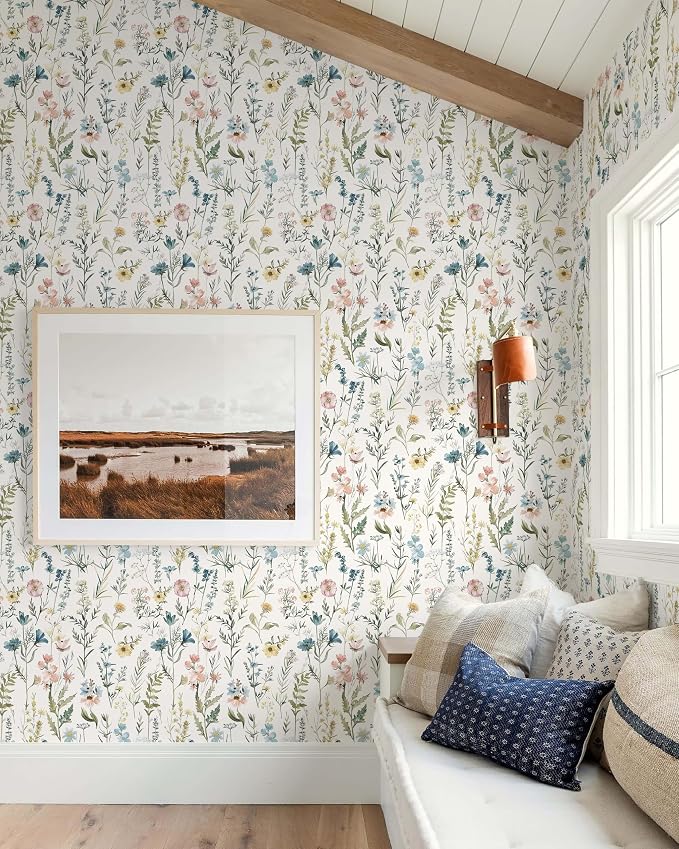 Dimoon Boho Peel and Stick Wallpaper Beige Floral Contact Paper 17.3x197in |Blue Wildflower Botanical Renter Friendly Removable Self Adhesive Stick on Wall Paper Decor for Bathroom Bedroom Vinyl - Image 9