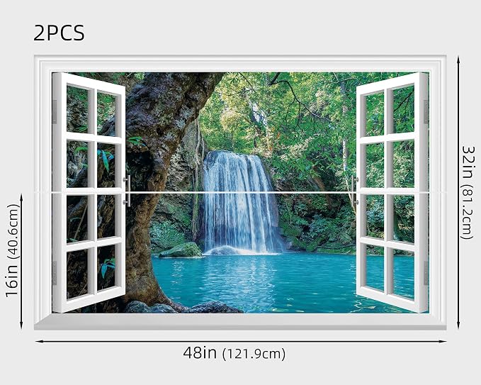 FLFK Fake Window Wall Mural - Waterfall and Lake in The Jungle Faux Window Wall Sticker for Wall Decor, Peel and Stick Wall Decals,48"x32",Set of 2 Sheets - Image 2